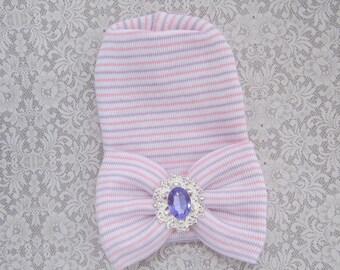 Newborn Hospital Bow Hat, lavender, pink and white stripes with a purple vintage style rhinestone on the bow, Lil Miss Sweet Pea Boutique