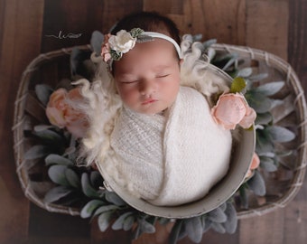 Textured Off-white Knit Swaddle Wrap or Layering for Newborn Photos AND/OR Matching Couture Flower Headband bebe bandeau Lil Miss Sweet Pea