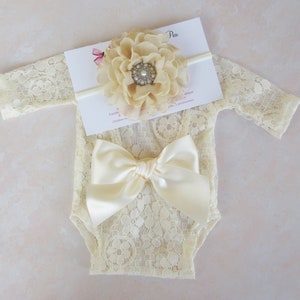 Newborn Lace Romper with 5 color options/ w/sleeves/ unlined/ AND/OR 4 inch floral headband/ baby photo outfit/ bebe, by Lil Miss Sweet Pea Ivory