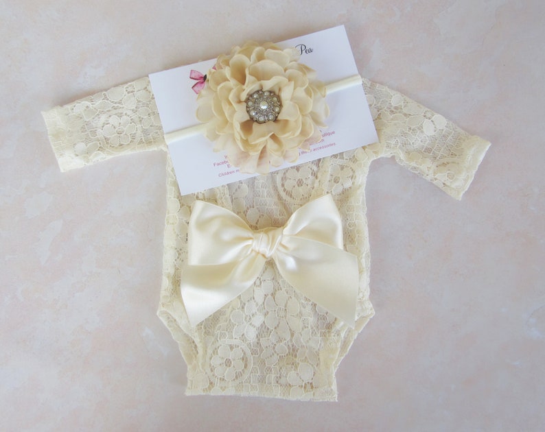 Newborn Lace Romper with 5 color options/ w/sleeves/ unlined/ AND/OR 4 inch floral headband/ baby photo outfit/ bebe, by Lil Miss Sweet Pea Ivory