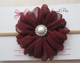 Maroon Chiffon Flower Headband, newborn photos, bebe bandeau, photo prop,  Lil Miss Sweet Pea