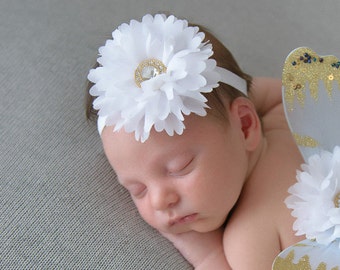 White petal flower headband with gold center button, perfect for all ages, measures 3 inches, birthday headband, baby, by Lil Miss Sweet Pea