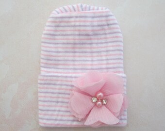 PREEMIE Hospital Hat: Lavender, Pink and White Stripe, Light Pink Flower, Latex Free