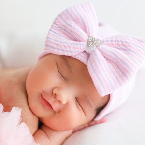 Rhinestone Heart - Newborn Hospital Hat, pink, white and lavender stripe, baby hat, bebe, newborn beanie, Lil Miss Sweet Pea Boutique