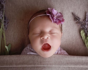 2.5 inch lavender hydrangea flower headband for newborn photo shoots, baby headband, soft stretch elastic, bebe, foto, Lil Miss Sweet Pea