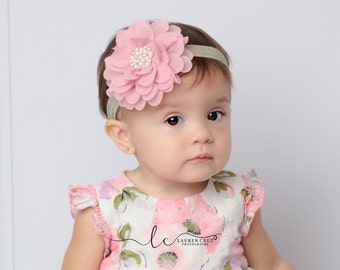 Dusty Rose and Sage Headband for all ages, pretty soft pink, baby headband, first birthday, pearls, vintage pink by Lil Miss Sweet Pea