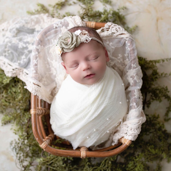 Newborn wrap set for photography, consists of vintage style lace layering, off white pearl wrap AND/OR choice of headband Lil Miss Sweet Pea