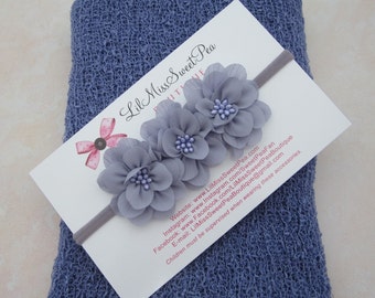 Blueberry stretch wrap AND/OR Chiffon Flower Headband (3 - 2 inch flowers), purple, newborn photo set, by Lil Miss Sweet Pea