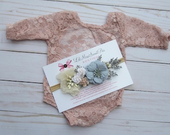 Lace Romper, Stretch lace, w/sleeves, periwinkle blue, ivory or dusty rose, unlined, AND/OR cluster flower headband, Lil Miss Sweet Pea