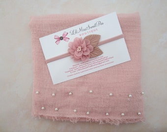 Pearl Wrap in Dusty Rose color AND/OR 2 inch pink flower with leaves headband/ newborn photo/ swaddle wrapset/  by Lil Miss Sweet Pea