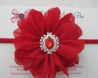 Red Petal Flower Headband or clip, 3.5 inches, with a Vintage Rhinestone Center