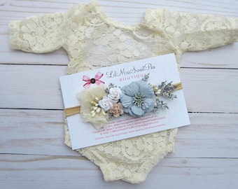 Lace Romper, lace, w/sleeves, periwinkle blue, ivory or rose, unlined, AND/OR cluster flower headband, bebe foto, Lil Miss Sweet Pea