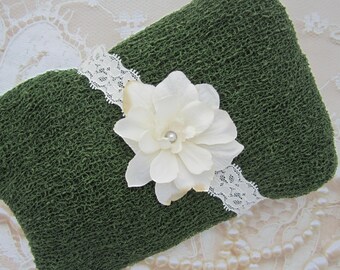 Evergreen Knit Wrap AND , OR Matching Ivory Delphinium Flower Headband set for photo shoots, green is perfect for boys, order separately