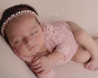 Newborn Lace Romper in Dusty Rose AND/OR Matching Rose Gold Rhinestone Headband/ photoshoot/ baby bling/ bandeau bebe/ Lil Miss Sweet Pea