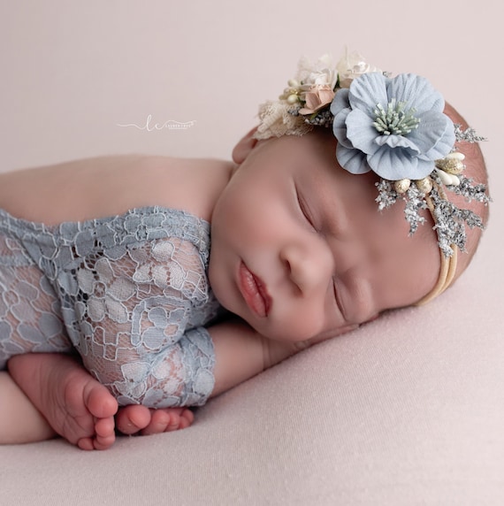 Newborn Lace Romper with Sleeves, Periwinkle Blue AND/OR Flower Headband Set
