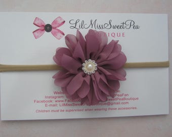 Mauve Petal Flower Headband or clip, 3 inch Flower, with a Pearl and Rhinestone Center