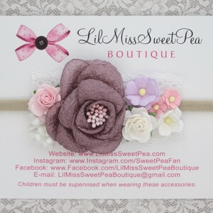 Couture headband, PLUM or SAGE, for newborn or older girls photos, fabric and paper flowers, by Lil Miss Sweet Pea image 8