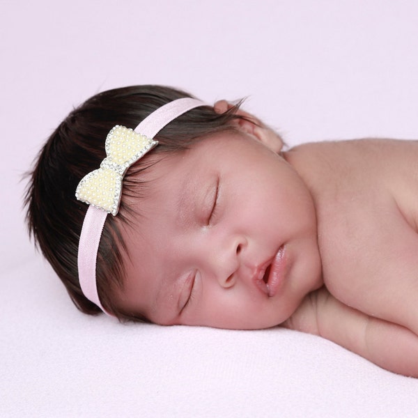 Pearl & Rhinestone Headband on pink soft stretch elastic, for newborn photos, by Lil Miss Sweet Pea Boutique, foto bebe