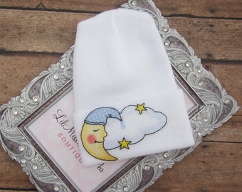 Our NEW fitted top newborn hospital hat/ moon and clouds/ latex free/ take home outfit/ baby beenie/ by Lil Miss Sweet Pea