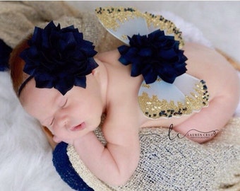 Butterfly wings, Navy and GOLD wings And , Or headband, newborn photos, photo prop, Cinderella/ baby prop, by Lil Miss Sweet Pea
