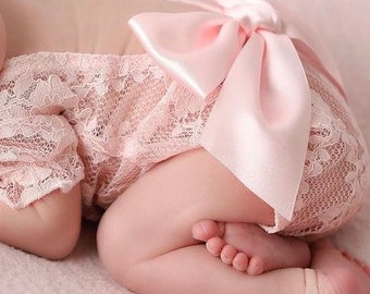 Pink Champagne unlined newborn lace romper with puffed sleeves, newborn size, AND/OR matching flower headband, photo, Lil Miss Sweet Pea