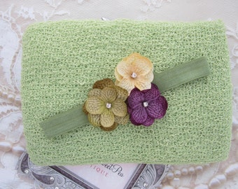 Celery Knit Wrap AND/OR Matching Hydrangea Flower Headband, bebe bandeau, photo shoots, newborn wrap, bebe foto, Lil Miss Sweet Pea