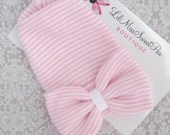 PREEMIE Newborn Hospital Hat, pink and white stripe with a large fabric bow, premature hospital hat, NO PERSONALIZATION, Lil Miss Sweet Pea