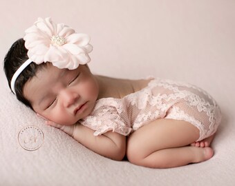 Pink Champagne unlined lace romper with puffed sleeves, newborn size, AND/OR matching headband, Lil Miss Sweet Pea