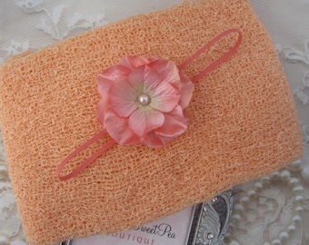 Peach Knit Wrap AND/OR Matching Peach Flower Headband, photo shoots, newborn wrap, bebe foto, Lil Miss Sweet Pea