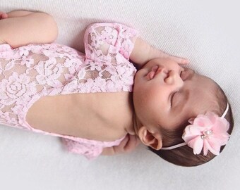 Pink Newborn Lace Romper AND/OR Pink Flower Headband, low back, couture romper, photoshoot, bebe foto/ Lil Miss Sweet Pea