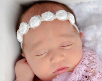 White Satin Rose & Sequin Flower Headband , christening, baby photos, photoshoots, bebe, newborn, wrap, by Lil Miss Sweet Pea