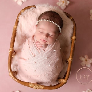 Dusty Rose Pink Pearl Muslin Newborn Wrap AND/OR rhinestone and pearl headband/ CHOOSE elastic color beneath metal trim/ Lil Miss Sweet Pea