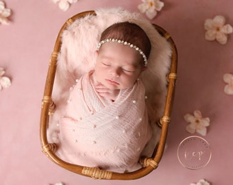 Dusty Rose Pink Pearl Muslin Newborn Wrap AND/OR rhinestone and pearl headband/ CHOOSE elastic color beneath metal trim/ Lil Miss Sweet Pea