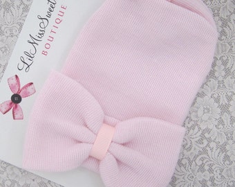 Baby Pink Newborn Hospital Hat with a matching pink fabric bow, double ply, hospital grade, beenie, baby hat, Lil Miss Sweet Pea Boutique