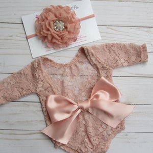 Newborn Lace Romper with 5 color options/ w/sleeves/ unlined/ AND/OR 4 inch floral headband/ baby photo outfit/ bebe, by Lil Miss Sweet Pea image 6