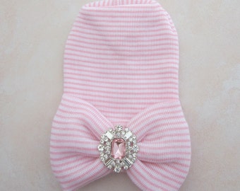 Newborn Hospital Hat, pink and white stripes with a pink rhinestone center on the bow, baby hat, bebe, Lil Miss Sweet Pea Boutique