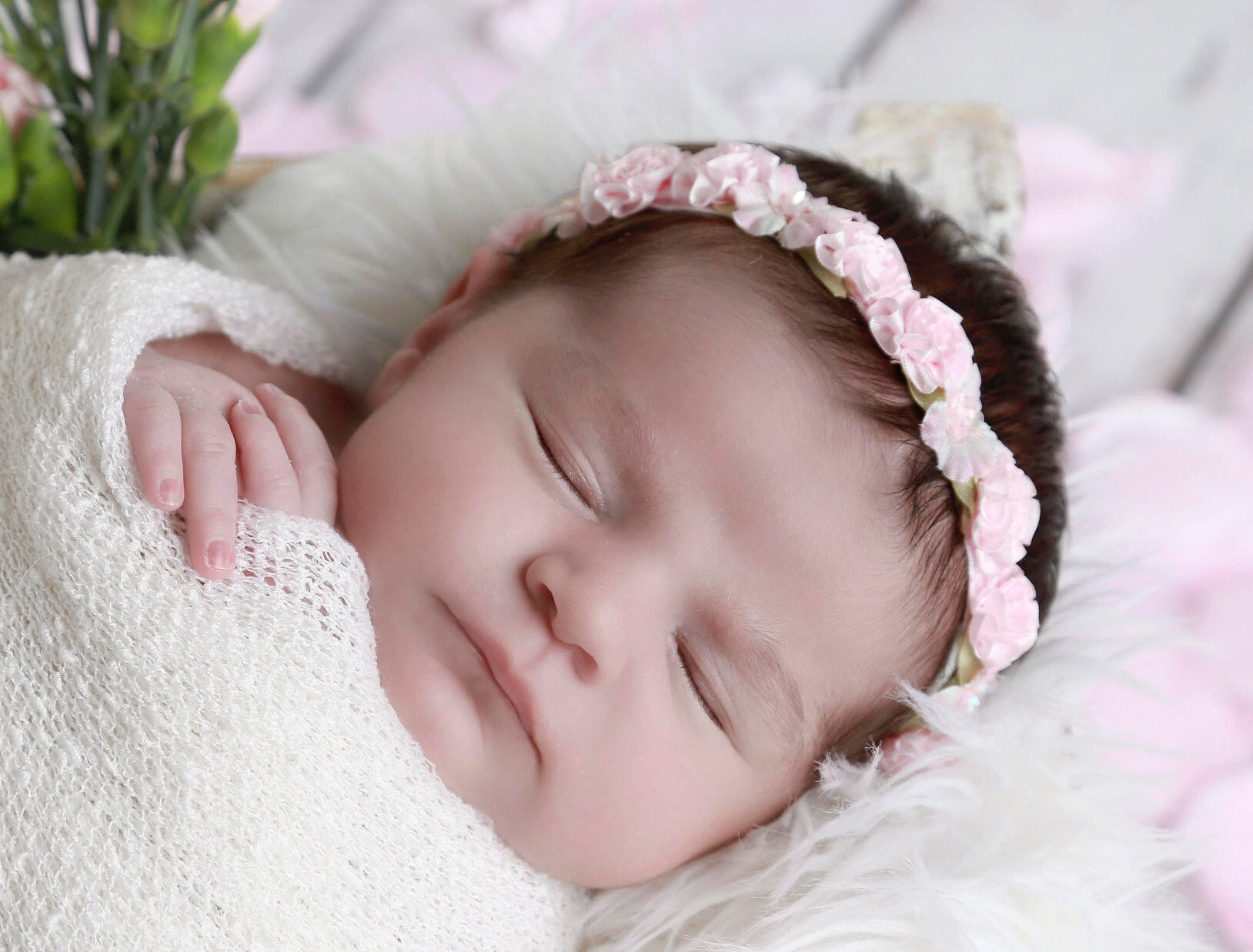 White Newborn Baby Swaddle Wrap AND/OR Baby Pink Flower Halo Headband