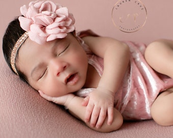 Newborn Dusty Rose Pink Velvet Romper AND/OR matching flower rose gold headband, newborn photo outfit, by Lil Miss Sweet Pea