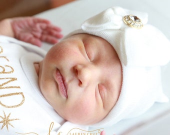 White Newborn Hospital Hat with a gold rhinestone button, baby hat, hospital hat, brand new baby, beanie from Lil Miss Sweet Pea Boutique