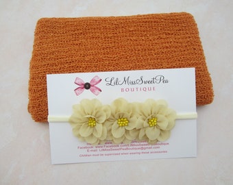 Rust Newborn Swaddle Wrap, Knit Soft Stretch Swaddle, AND/OR Flower Headband, 3 - 2 inch flowers, for Photography/ by Lil Miss Sweet Pea