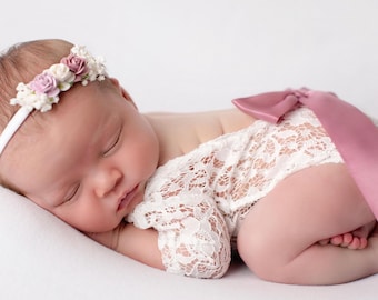 Newborn White Lace Romper: Optional Bow, choice of 10 colors AND/OR Flower Headband