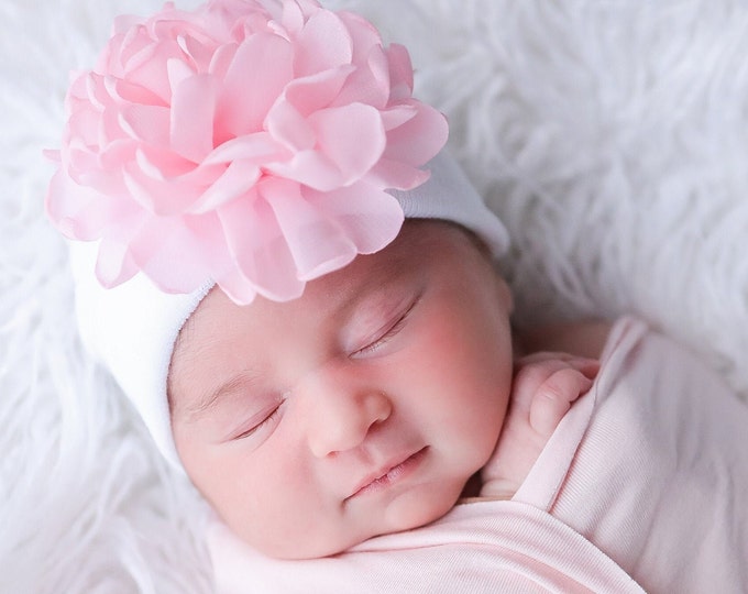 Featured listing image: Newborn Hospital Hat, white with 4 inch pink or white chiffon flower, baby hat, infant, shower gift, Lil Miss Sweet Pea