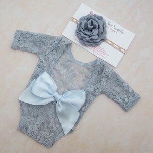 Newborn Lace Romper in Periwinkle Blue, OR in White Unlined, AND/OR matching flower headband, bebe, baby shower gift, Lil Miss Sweet Pea