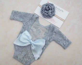 Newborn Lace Romper in Periwinkle Blue, OR in White Unlined, AND/OR matching flower headband, bebe, baby shower gift, Lil Miss Sweet Pea