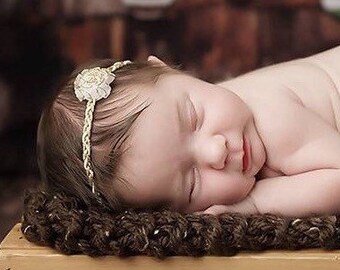 Gold & White Headband with a white organza flower, newborn headband,  bebe, handmade, by Lil Miss Sweet Pea