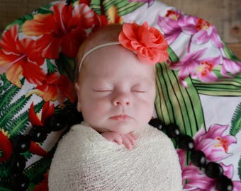 Cream , ivory swaddle wrap AND/OR matching coral flower headband for newborn photo shoots, bebe foto, newborn photo, Lil Miss Sweet Pea/