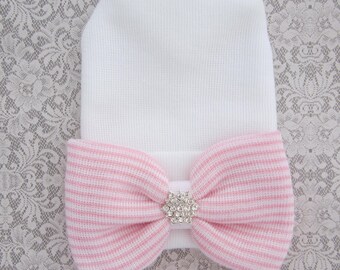 Newborn hospital hat, pink stripe bow with silver rhinestone star, beanie, baby beenie, by Lil Miss Sweet Pea