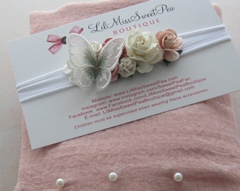 Blush Pearl Adorned Swaddle AND/OR White Butterfly headband, paper roses, newborn girl photo, wrap set by Lil Miss Sweet Pea