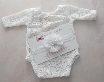 White lace romper AND/OR matching headband, newborn photography, unlined, fits newborns 5.5-8.5 pounds, by Lil Miss Sweet Pea