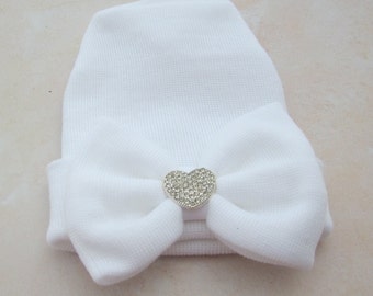 Newborn Hospital Hat, WHITE with a rhinestone heart on the center of the fabric bow, baby hat, white baby hat, Lil Miss Sweet Pea Boutique